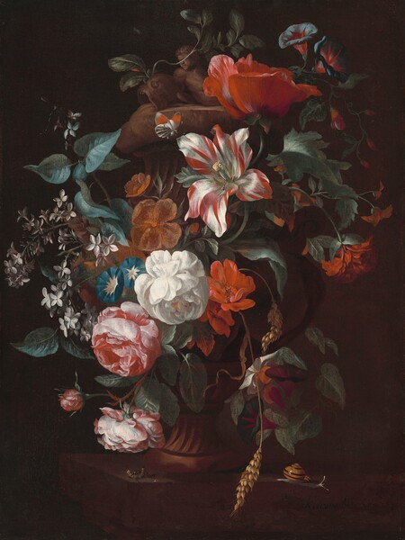 A profusion of flowers mostly in ruby red, bright white, and flamingo pink are gathered in a bronze-colored urn, set on a stone ledge against a dark background in this vertical still life painting. A band of flowers reaching from the lower left to the upper right draw the eye, and are made up of a pink rose at the bottom under a white rose, a white-and-red streaked tulip, and a crimson-red poppy near the upper right. Other flowers include a sprig of pale, nearly white lilac to the left, sapphire-blue morning glories, golden stalks of wheat, and green leaves interspersed throughout. The urn has a fluted, flaring foot. Upon closer inspection we find that the foot must belong to a much larger vessel, for a terracotta-colored person reclining next to a stylized fish emerges from behind the flowers at the upper left. An ivory-white butterfly with an orange spot on each wing alights on the tulip, whose petals are spread wide. A snail with a marmalade-orange shell with a thin, shiny, black spiral crawls along the ledge to our right, and on the stone ledge to our left, an earwig eats a honey-yellow caterpillar. The flowers and insects are brightly lit from our left, and the chocolate-brown background is swallowed in shadow. A partially legible inscription in the lower right reads, “Kouwe be h.”