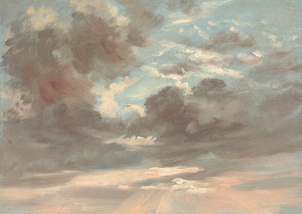 This horizontal painting is filled with gray and white clouds against a blue sky. Wisps of white clouds are interspersed among banks of darker gray clouds against a pale blue sky in the top half of the painting. A tower of gray clouds to the left obscure a deep red circle, which only becomes evident upon careful inspection. Rays of pale shell pink streak down from the clouds along the bottom edge of the painting to suggest sunlight at sunset.