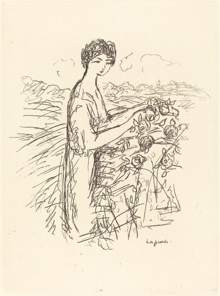 Woman Standing beside a Rosebush