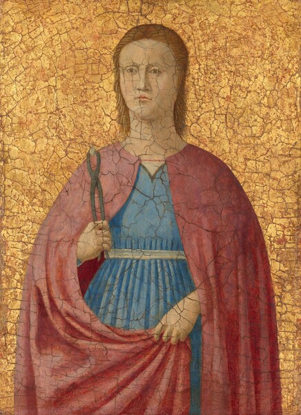 Shown from the knees up, a pale-skinned woman in front of a gold background wears a rose-pink cloak over a sky-blue dress and holds up a tooth in a pair of pincers in this vertical painting. Her body faces us but she looks slightly off to our left with pale brown eyes under faint, arched brows. She has a long nose and her thin, coral-pink lips are closed. Her wavy, auburn-brown hair falls closely around her neck. Her light blue dress has narrow, V-shaped neckline and the high waistline is gathered under a white belt or sash to create the impression of vertical pleats. Her deep pink cloak is fastened with a cord at the neck. It falls over her shoulders and arms, and she holds up the opposite hem with her left hand, on our right. In her right hand, on our left, she holds up a pair of iron-colored pincers holding a small, white object, a tooth. The surface of the painting is noticeably cracked, especially in the shiny gold background behind the person.
