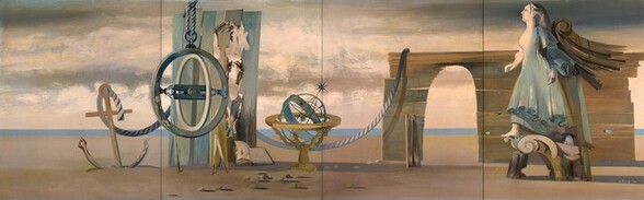 An anchor, a ship’s navigation instruments, broken boards, and a figurehead in the shape of a woman are arranged across a sand-colored beach in this horizontal painting. Four panels are joined to create the long composition. The objects are lit from our left, and they cast shadows that stretch across the beach. To our left, a golden-brown anchor sits upright in the sand. A blue and white rope is threaded through the ring at the top and joined to the broken paneling standing in the sand next to the anchor. Six vertical boards are joined to create the paneling, which is streaked with slate-blue and tan, and they nearly span the height of the painting. The couple of boards to our right are smashed through, creating a gaping hole. In front of the paneling, about half the height of the painting, is a gyrocompass with two nested rings around a horizontal bar across the center. It hangs from a blue rope that is looped over a bar at the top of the composition, presumably projecting into the picture from something out of our sight. An upside-down, V-shaped compass and an open book with ripped pages are propped up against the base of the paneling. Next to it, and about halfway across the painting, a fog-blue armillary sphere, also with nested rings but this time creating a grid, sits in a gold-colored stand. An eight-pointed star rises from the top of the sphere. Another blue rope droops between the paneling and a section of a wall, which spans the rightmost third of the landscape. The wall is made of horizontal wood boards, and an arched doorway is cut in the middle. The fourth and final panel is mostly filled with a wooden statue of a figurehead in the form of a woman wearing a long dress. She faces our left in profile. Her skin is ivory white on her face, chest, hands, and bare feet, and her dress is pale seafoam blue. She strides forward onto her right foot, farther from us, on a spray of carved scrolling swirls. The figurehead is propped up by a tree stump under that foot. The pointed bow of the ship is broken off behind her shoulders, so at first glance it resembles wings. A few smooth stones are scattered across the khaki-brown beach, especially around the armillary sphere. The water in the distance is represented as a band of light blue about a third of the way up the composition. Gray and oatmeal-brown clouds are streaked across the sky above. The painting is signed and dated in small white letters in the shadow cast by the figurehead: “de Kooning ’40.”