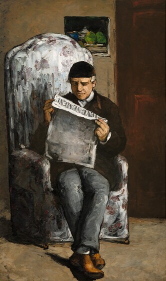 A man sitting in a tall, upholstered armchair reads a newspaper in this vertical portrait painting. The man and the room in which he sits is loosely painted with bold, visible strokes throughout. He holds the paper close to his face, and the top edge falls over so we can read the title, “L’EVENEMENT.” He has a light, olive-toned complexion, and his white hair peeks from under a close-fitting black cap. He wears a high-necked white shirt under a chocolate-brown jacket, steel-gray trousers, white socks, and camel-brown shoes. The fabric on the chair is painted with broad brushstrokes to create a loose floral pattern on a white background. The man and chair are outlined in black. The man sits in the corner of a room with a closed door behind him to our right. Hanging on the wall over his head, and partially obscured by it, is a small, possibly unframed, still life painting with what could be kelly-green fruit and a royal-blue cup against a black background.