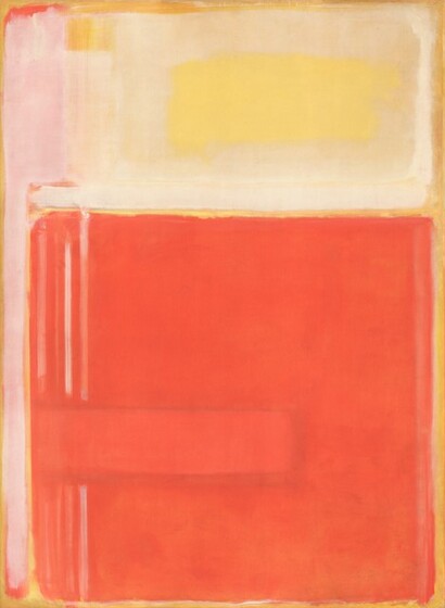 A long, butter-yellow rectangle is stacked over a papaya-orange square, and both float against a honey-yellow field in this abstract, vertical painting. The honey-yellow background creates a narrow border around and between the shapes. The brushstrokes throughout have soft, indistinct edges, which creates a blurred effect. At the top, the butter-yellow rectangle extends nearly the width of the painting, and takes up the top third of the composition. A band of canary yellow floats at the center within this rectangle. A tall, narrow band of pale petal pink spans the height of the composition to our left alongside both shapes. The orange square takes up almost all of the bottom two-thirds of the painting. A few vertical lines in cream white are painted within the square, near the left edge. A band of the same papaya-orange is bordered by a slightly darker shade to create a long, narrow rectangle about halfway down the square.