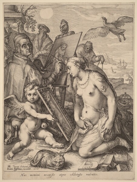 <p>Jan Pietersz Saenredam, Hendrick Goltzius, Johannes Janssonius, Artist Painting a Nude Woman: Allegory of Visual Perception, c. 1598; published after 1616