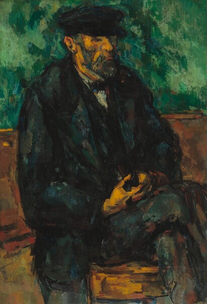 A bearded man with a coppery-peach completion, wearing a dark, navy-blue brimmed cap, vest, jacket, and pants sits on a wooden bench or chair against a green background in this vertical portrait. The scene is loosely painted with thick, visible brushstrokes in kelly and shamrock green, deep, midnight blue, tawny brown, and charcoal gray to create a mottled effect. The man’s body is angled to our right and he looks in that direction. His legs are crossed and are cropped below the knees by the bottom right corner of the canvas. His fingers are interlaced in his lap with one thumb hooked between buttons on his vest. He has a long nose and his lips are closed. Touches of vibrant robin’s egg blue, sage green, pumpkin orange, and brick red enliven the dark clothing and shadows on the man’s features.