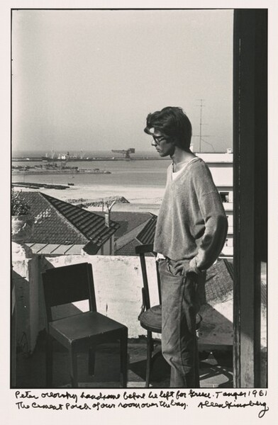 Peter Orlovsky handsome before he left for Greece. Tangier 1961 The cement porch of our room over the bay.