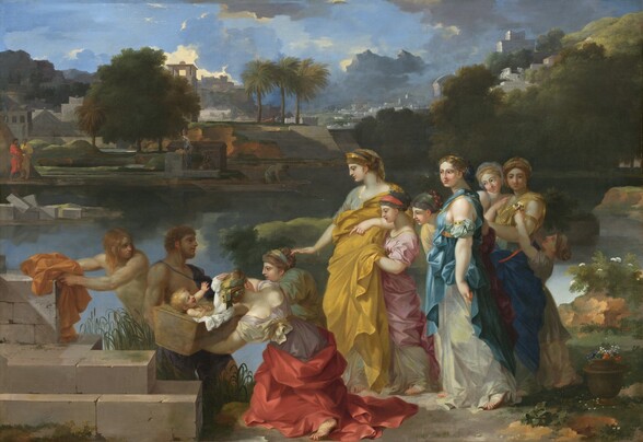 Nine women and girls create a procession leading to a blond, smiling infant lying in a basket being held by a man next to a riverbank that runs across this horizontal landscape painting. The tallest woman, near the center of the retinue, wears a gold, crown-like diadem, and a toga-like gown of golden yellow over a pale, slate-blue, short-sleeved dress. She stands facing our left in profile, and looks toward the baby with dark eyes under dark, arched eyebrows. Her nose is long and straight, her pink lips are closed in a faint smile, and she has a rounded chin and jawline. Her wavy, dark blond hair is braided and pulled back, and she wears a gold earring on the ear we can see. She reaches her right arm, farther from us, straight in front of her with her palm facing the ground. Three women and three girls trail behind her in a row to our right. They wear brightly colored wraps and robes in rose pink, topaz or cobalt blue, plum purple, butter yellow, or ivory white. Most look toward the baby but the girl at the back offers the woman in front of her a tiny bouquet of flowers. Two women to our left of the standing woman stoop to reach out to the basket, held by a muscular, bare-chested, bearded man. Gray, stone blocks of a wall create steps to our left and behind it, a younger, cleanshaven man, also bare-chested, and with shoulder-length, strawberry-blond hair, reaches for his marigold-orange clothing. Trees lining the far riverbank and the brilliant blue sky with steel-gray clouds are reflected in the water’s surface. Across the river to our left, beyond a ruined stone abutment, a man in a red toga, and one in yellow, look on. More people work along the opposite bank. A city built of light gray stone stretches into the deep distance beyond.