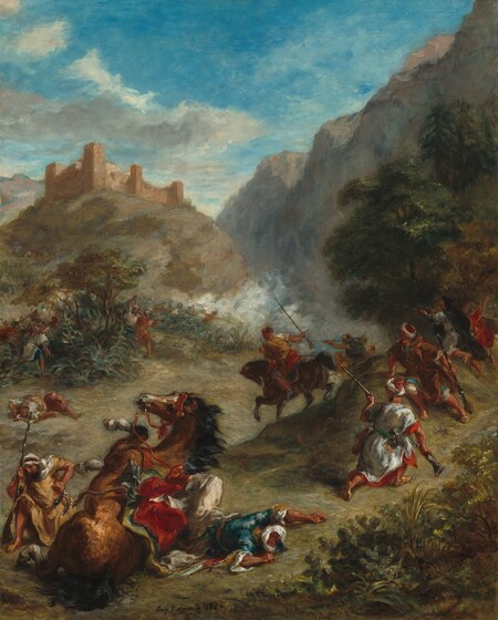 Set in a valley carpeted in sage green, about a dozen armed men, on foot and horseback, close to us, line up and face off against an attack advancing from the back left in this vertical painting. The men, clothing, and horses closest to us are painted with dashes and swirling brushstrokes, which contrasts with the soft look of the approaching crowd and landscape beyond, which are painted indistinctly with loose and blended brushstrokes. All the men we can see have medium brown skin and are armed with rifles. The men close to us wear long tunics and boots in shades of teal blue, ivory white, crimson red, earth brown, and golden yellow. Most of them wear turbans and some have straight or curved daggers hanging from their waists. Closest to us in the bottom left, a chestnut-brown horse with a black mane collapses on its rider, who sprawls along the ground with arms overhead. The horse lifts its head and twists back toward us facing our left, so the white blazes down its nose are visible. Near the horse’s legs and along the left edge of the painting, a man wearing a mustard-yellow tunic kneels and leans his forehead against the barrel of his rifle, which he braces like a walking stick. His other hand rests on the hilt of his dagger at his waist. To our right of the fallen horse, six men line up along a low rise that angles to our right and into the distance, where it meets a grove of green trees. At the front of that group, near the lower center of the composition, a rider on a dark horse charges the approaching men. Those men emerge from a line of emerald-green trees and growth at the foot of a steep, rocky hill. These men are more loosely painted so details are difficult to make out, but several are backlit by white smoke, presumably from firing their rifles. The hill above is mottled with warm taupe, light gray, cinnamon-brown, and moss-green growth. Atop the hill and to our left, a walled building complex with thick, square towers faces a row of sheer cliffs that march in from the upper right to enclose the space. Their jagged faces are shadowed with cool tones of slate blue, pewter gray, and touches of rust red. An azure-blue sky, scattered with thin layers of steel-gray and white clouds, spans the top of the composition. Bright sunlight flows in from the upper right, illuminating the fallen horse and the men near it. Sunlight also warms the face of the terracotta building and the hill, as well as the peaks of the mountains on the right. The artist signed and dated the work in black in the lower center: “Eug. Delacroix 1863.”