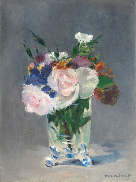 A bouquet of cut flowers in a clear glass vase nearly fills this vertical painting. The vase has straight sides and the rounded bottom is supported by short, round feet. Some of the flowers can be identified as white roses and carnations but other less defined flowers are executed in quick touches of delphinium blue, marigold orange, brick red, and butter yellow. Green stalks and leaves are interspersed throughout, and green stems fill the vase. Some of the flowers and vegetation are thickly painted, and these contrast with other areas where the paint is more thinly applied. The bouquet is set against a pale gray background, and the vase casts a subtle blue shadow to our right. The artist signed the painting in gray letters at the lower right: “Manet.”