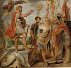 A bearded man with copper-blond hair and flushed, peachy skin stands on a stone-gray pedestal and gestures toward a group of five more men gathered before him in this square painting. Some of the men are light-skinned, others are tan. The man on the platform, Decius Mus, stands with his ruddy face turned to our right in profile, his muscular right arm raised and right foot extended. He wears a knee-length toga, and form-fitting armor covers his torso. A sword hangs from his waist, and a scarlet-red cape flaps behind him. Piled against the pedestal in the lower left are spears, battle axes, a silvery-gray shield covered with gold lightning bolts, and an ornate crested helmet. In the upper left corner, an eagle with one wing extended hovers behind Decius Mus’s head, clutching long peach and straw-colored strands in its talons. The other five men stand clustered together on the ground to our right, facing Decius Mus. They are also bearded and muscular, and each holds a golden staff topped with a different symbol. They wear knee-length tunics and cloaks in brick red, olive green, black, or tan, and three wear armor protecting their upper bodies. Calf-high, brown boots cover their feet but leave their toes exposed. The man closest to us has gray hair and stands with his back to us. A parchment-brown animal skin speckled with brown spots covers the back of his head and wraps around his armor and tunic. The man just beyond him, to our left, faces us and holds a gold staff topped with an eagle set within a round laurel wreath. The rest of the men stand in profile, filling the right side of the composition, and they lean in toward Decius Mus. Two of them wear crested helmets, one olive green, the other charcoal gray, both with gold ornamentation on the front. The man in the gray helmet holds aloft a flag painted with vertical swipes of scarlet red and ginger brown. A sketchily painted landscape beyond the group has trees with dark brown trunks and sage-green leaves along the left edge, leading back to a line of trees in the distance. Rolling, teal-blue land along the horizon could be hazy mountains. The powder-blue sky above is scattered with butter-yellow and light gray clouds. The scene is loosely painted, especially in the costumes and background.