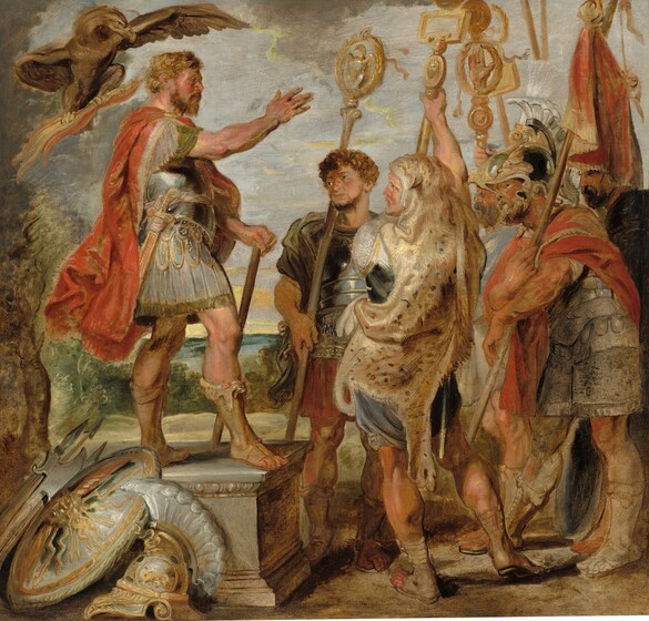A bearded man with copper-blond hair and flushed skin stands on a stone-grey pedestal and gestures towards a group of five more men gathered before him in this square painting. Some of the men are fair-skinned, others are tan. The man on the platform, Decius Mus, stands with his ruddy face turned to our right in profile, his muscular right arm raised and right foot extended. He wears a knee-length, pleated skirt, and form fitting armor covers his torso. A sword hangs from his waist, and a scarlet-red cape flaps behind him. Piled against the pedestal in the lower left are a silvery-grey shield covered with gold lightning bolts, an ornate crested helmet, spears, and battle axes. In the upper left corner, an eagle with one wing extended hovers behind Decius Mus’s head, clutching long peach and straw-colored strands in its talons. The other five men stand clustered together on the ground to our right, facing Decius Mus. They are also bearded and muscular, and each holds a golden staff topped with a different symbol. They wear knee-length tunics or skirts, cloaks in brick red, olive green, black, or tan, and three wear armor protecting their upper bodies. Calf-high, peanut-brown boots cover their feet but leave their toes exposed. The man closest to us has grey hair and stands with his back to us. A parchment-brown animal skin speckled with brown spots covers the back of his head and wraps around his armor and tunic. The man just beyond him, to our left, faces us and holds a golden staff topped with an eagle set within a round laurel wreath. The rest of the men stand in profile, filling the right side of the composition, and lean in toward Decius Mus. Two of them wear crested helmets, one olive green, the other charcoal grey, both with gold decorations on the front. The man in the grey helmet holds aloft a flag painted with vertical swipes of scarlet red and ginger brown. A sketchily painted landscape beyond the group has trees with dark brown trunks and sage green leaves along the left edge, leading back to a line of trees in the distance. Rolling, teal-blue land along the horizon could be hazy mountains. The powder-blue sky above is scattered with butter-yellow and light grey clouds. The scene is loosely painted, especially in the costumes and background.