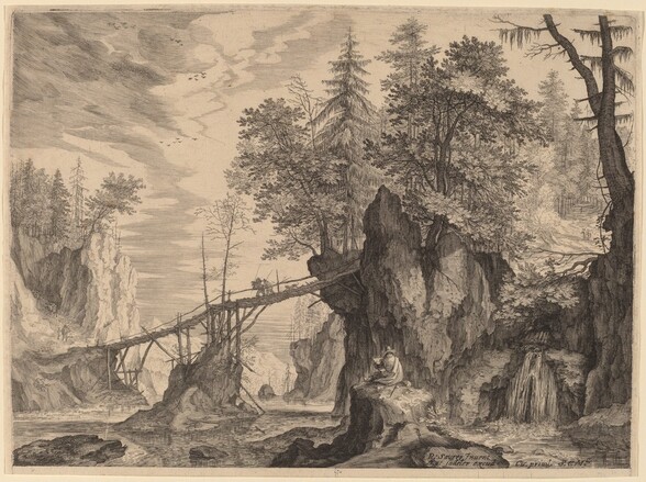 Draughtsman on a Stone before a Bridge