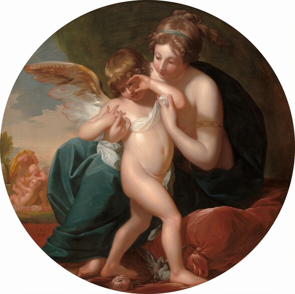 A seated woman wrapped in a spruce-blue garment embraces a tearful, winged boy in this round painting. Both have smooth, pale skin with flushed cheeks, delicate features, and golden-brown hair. The woman takes up most of the painting. She sits angled to our left as she curls both arms around the nearly nude boy, Cupid. Her hair is plaited at the back of her head behind a blue-green headband. The upper arm we can see is encircled with a gold band set with blue gems, and one breast is bare in the shadow over her crooked elbow. The other hand holds the boy’s middle finger. Cupid’s body faces our right, toward the woman, but he turns back to look at the hand the woman holds. His other hand is lifted to his eyes, and a tear gleams on one cheek. His body is covered only by a white cloth that crosses his chest and covers his genitals. A silvery-white and tawny-gold wing juts out behind one shoulder. The woman sits on a pillowy rust-red cushion. One gray dove feeds another at Cupid’s feet, and a pink rose lies nearby. A field of olive green and mustard yellow suggests a tree behind Cupid and the woman. In the distance to our left, three pale-skinned, chubby babies tussle with mouths wide open in a garden near a beehive. Bees teem out of the conical hive. Peach-colored clouds skim the muted blue sky above. The artist signed and dated the lower left, “B. West 1774.”