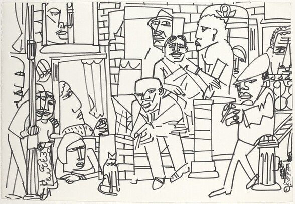 Twelve people sit and stand along a sidewalk in this abstracted, horizontal scene, which is drawn with black felt-tip pen on white paper. The people’s facial features, including almond-shaped eyes, wide noses and mouths, and their blocky bodies are drawn simply with single lines and no shading. Clusters of intersecting vertical and horizontal lines suggest brick buildings in the background and a stoop facing the street. Five heads peer through windows from the buildings. In the center, a bald man sits on the stoop, leaning forward with his hands crossed over his knees, while a cat sits nearby. To our left, a couple stands by a streetlamp, and the head and torso of a woman appears to emerge from an opening in the street. They all face the man at the center. To our right, another man wearing a cap and holding a cigarette leans against a fire hydrant. Beyond the man in the center stands a man with a moustache and curly hair who points to our right. A woman facing left in profile stands next to him. The artist signed the lower right corner, “Rom are bear den.”