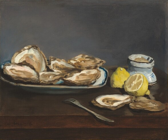 A plate of oysters, a halved lemon, an oyster fork and shells, and a dish of salt are arranged on a wooden tabletop in front of a gray wall in this horizontal still life painting. The front edge of the table seems close to us, and the objects span the width of this composition. Six oysters are crowded on the oval plate, which is white and edged with royal blue. The narrow tines of the oyster fork are angled towards the plate as the handle, which is shaped like the blade of a butter knife, angles to our right and seems to jut into our space. The two empty shells are next to the knife in front of the lemon, which has been cut in half through its girth. One cut edge faces our left and the other half rests with its cut edge down on the table. The bowl with salt mounded within is about the same size as the lemon and has a border of brown at the top and near the foot. The entire painting is loosely painted with visible brushstrokes, and some vague lines on the side of the bowl suggest a Japanese or Chinese character.