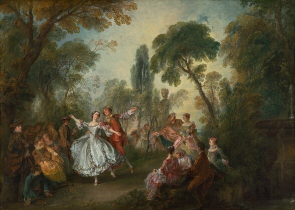 Twenty-one men in long waistcoats and women in elegantly trimmed gowns gather and dance within a verdant landscape in this horizontal painting. The men wear jackets and breeches in ginger brown, pale pink, or spruce blue. The women’s gowns have full sleeves, tight-fitting bodices, and full skirts in shades of bronze, teal blue, butterscotch gold, or rich pink edged with ribbons and lace. Some of them wear floral wreaths or ribbons in their upswept hair. Groups gather around a woman and man who dance together to our left in the scene. Some in the group of onlookers to our left hold musical instruments, including a violin and a pipe. Another group is nestled among trees just beyond the dancers, at the center of the painting, and more sit and stand to our right. The dancing woman wears a gleaming, ice-blue gown with rows of flowers in muted pink, blue, and gold down the full skirt and around the bottom hem, which falls short of her thin ankles. More garlands cross her chest and shoulders, and flowers are tucked into her dark gray hair. She faces us with her head turned to our right as she looks off in that direction with dark eyes under curving brows. She has a delicate nose, rosy, round cheeks, and pink lips. She holds her arms spread wide with the thumb touching the index finger of each hand. The man with whom she dances wears a coral-red tunic and breeches with sleeves decorated with pale pink and blue ribbons. The brim of his brown hat is turned up. His body faces us but he turns his head to look at the woman, his lips parted. The man and woman each have one gracefully pointed foot raised. The dancers and groups are enclosed within a park-like setting with tall trees to either side, and a screen of trees across the back of the space. The trees have slender trunks and canopies in shades of pine, sage, and moss green. Near the back middle of the scene, a stone column topped by a human head wearing a wreath of laurel leaves rises above the central group. A fountain with a vertical jet of water is tucked into the shadows within a grove of trees along the right edge of the painting. The water falls into a pool in the lower right corner.