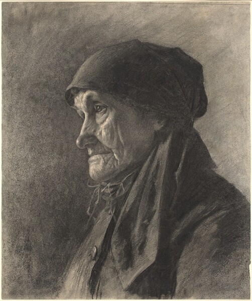 This vertical charcoal and chalk drawing shows the head and shoulders of a light-skinned, elderly woman facing our left almost in profile. Light from our left falls across her jowled, deeply wrinkled face. She looks off to our left with clear, deep-set eyes under a raised brow. She has a long, bulbous nose, and her wide mouth is closed, her thin lips set. Her hair is covered by a long scarf tied at the base of her head, and one end falls over the shoulder closer to us. There appears to be a kerchief wrapped around her neck, and a loose-fitting jacket is buttoned all the way up. She is shown against a background filled with swipes of charcoal with dark shadows around her that get lighter in the upper right. Barely visible against the gray background, the artist signed the lower left, “Leon Lhermitte.”