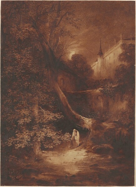 Moonlit Landscape with a Monk Walking near a Palace