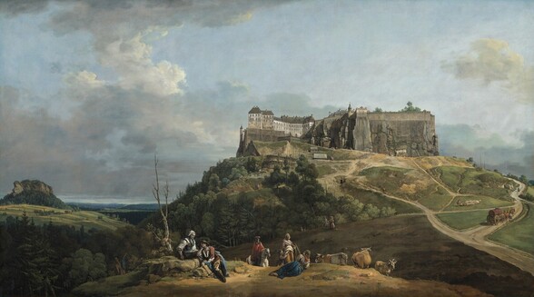 In the distance, a fortress sits on a rocky plateau below a sky filled with lightly rolling white and gray clouds in this horizontal landscape painting. The horizon line is low, about a quarter of the way up the composition, so the plateau and fortress are situated high above the surrounding land. The fortress is made up two distinct sections, with a nearly windowless stronghold or massive city wall to the right and what looks like a row of six interconnected white rowhouses to the left. More rooflines peek over the stronghold. Tiny people work on scaffolding erected against a grassy cliff below the white section. Five men and women and a child and a few cows gather in the foreground, seeming close to us. People walk through the landscape in the background and along roads leading to the fortress. A hilly landscape recedes deep into the distance to our left below pale peach and lilac colored clouds.