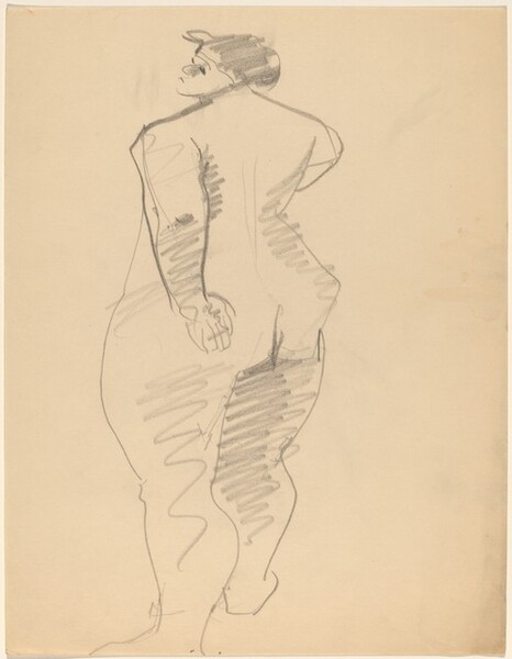 Rear View of Standing Female Nude, Right Arm Bent, Looking Left