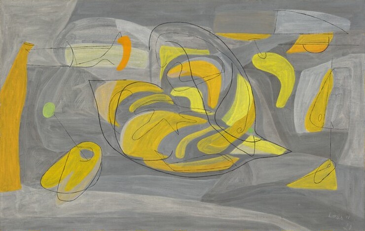 Curving shapes in harvest and lemon yellow float against a background streaked with smoke and charcoal gray in this abstract, horizontal painting. Brushstrokes are visible throughout. Many of the yellow forms are clustered in the center of the composition, and overlaid with black outlines that together make a rough heart shape. The heart form lies on its side with the point of the heart to our right. A few more yellow forms float around this area, including a bottle-shaped form to our left. Black lines are overlaid over some of the forms but not all. One mint-green dot is connected to a yellow, planchet-like shape by a line, near the lower left corner of the painting. The artist signed and dated the painting near the lower right corner, “Louis 48.”