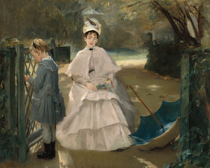 A young woman sits and a young girl stands at an open, wide, vine-covered gate in front of a park in this horizontal painting. Both people have pale peachy skin. The woman sits at the center of the opening with her body facing us, and she looks at or towards us with dark eyes under dark eyebrows. She tips her head slightly to her left, our right, and her brown hair has been pulled up under an ivory-colored hat with a dark feather that curves over her hair towards her ears. Like the rest of the painting, her features are loosely painted but her pink lips are closed. Her pale shell-pink shawl flares over her shoulders to her elbows, and is fastened with a black ribbon or tie at her neck. A touch of black at her waist suggests she wears a black sash, and her full skirt falls in layered tiers to the ground. Her hands rest in her lap and she holds long-stemmed flowers with red, baby blue, and butter yellow blooms. The girl stands facing our left in profile with her hands on the trellised gate, which has swung away from us, into the park. Her blond hair is held back with a black headband and she looks down toward her hands, her face turned slightly away. Her long-sleeved, loosely fitting slate blue jumper has pale blue pinstripes and comes to her knees. She wears white stockings and her black boots come up over her ankles. An open umbrella with a curved wooden handle rests upside down on the ground to our right of the woman. The interior is deep turquoise and the exterior is parchment colored. The park is painted with tones of pale caramel brown for the ground, and sage green and tan for the trees. Tree trunks and branches are painted with a few lines in brown, and there is a hedge of pine-green bushes beyond the gate to our right. Sunlight filters through the trees to create dappled shadows on the ground. The artist signed the work as if she had written her name along the bottom rail of the gate door, near the lower left corner of the painting: “Eva Gonzalèz.”