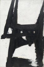 Thick black lines cut down and across a white background in this abstract, vertical painting. Long lines plunge down the composition along the right edge and near the left. A horizontal line connects the two, a little above the center of the canvas, creating an offset H-like form, shifted to our right. A shorter, diagonal line runs from the top edge, near the left leg of the H. It comes down just past the crossbeam of the H and crosses the width to make a second horizontal line. A few pointed, jagged strokes fill in the area between and around the horizontal lines of the H form. The leg near the lower right of the canvas is thicker and serrated along the inside edge. A wide, horizontal band nearly connects the bottom legs at the bottom of the canvas. Black flecks and drips splatter around the white background.