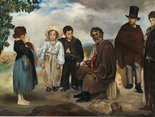 Against a hilly landscape and on a patch of dirt, five people wearing tattered clothing gather around a bearded man who holds a violin in his lap in this horizontal painting. Most of them have pale skin. Starting from the left is a barefoot young woman holding a blond baby to her chest. She faces our right, and her chestnut-brown hair hides her profile. She wears a black shirt over a calf-length skirt streaked with slate and aquamarine blue. To the right two young boys face us. The boy on the left of that pair wears a loose white shirt tucked into tan-colored pants and an upturned wide-brimmed hat. The boy next to him has short brown hair and is dressed in a black and brown vest and pants over a bone-white shirt. His right arm, to our left, is slung across the shoulders of the blond boy and he looks off to our right with dark, unfocused eyes. The man who holds the violin is to our right of center. He sits on a stone with his body facing our left, but he turns to look at us with dark eyes under heavy brows. He has tan skin, dark gray, curly hair, and a trimmed silvery gray beard. A wrinkle under one eye suggests he may smile slightly at us. He wears a loose brown cloak with a ragged bottom hem, teal-blue stockings, and black shoes. He holds a violin on his lap like a guitar. One hand fingers a chord on the neck of the violin, which comes toward us, and the other hand holds the bow and plucks a string. A sand-colored bag with a strap lies at his feet. Two men stand to our right of the musician. One wears a tall black top hat, a brown cloak, gray pants, and black shoes. His face is loosely and indistinctly painted but he has a beard. Finally, the sixth person is a man who stands along the right side of the painting and is cut off by that edge. He wears a turban, a black polka-dotted scarf, and a long black cloak or coat. One hand clutches the scarf and the other rests on a wooden cane by his side. His chin and long, light-colored beard tuck back against the scarf, and he looks off to our left with dark eyes. There are loosely painted olive and forest-green leaves in the upper left corner. The landscape beyond is painted with indistinct areas of muted green, blue, and brown. Bits of azure-blue sky peek through puffy white and gray clouds overhead. The artist signed and dated the lower right, “ed. Manet 1862.”