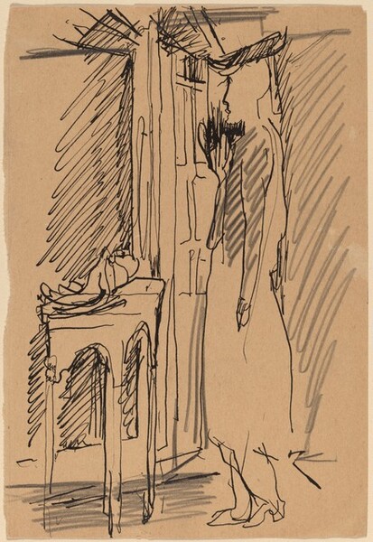 Standing Woman Looking Out Window, Next to Table with Fruit