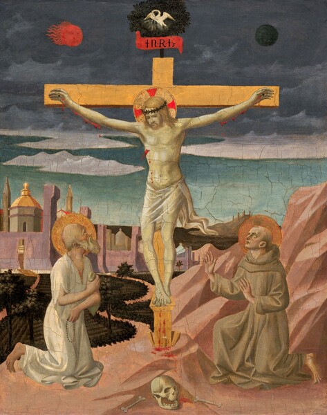 A man wearing a dark ring of thorns around his head hangs from a wooden cross as two kneeling people look on in this vertical painting. All the people have pale skin with a greenish cast, and all three have gold, disk-like halos. On the cross, Jesus’s head tips forward, his gaze downcast. Bright red blood runs down the man’s arms from where his palms are nailed to the cross. Blood also pours from a gash over his right ribs, to our left, and from his feet, which overlap and are nailed to the cross. He is nude except for a transparent white cloth tied across his hips. Behind his shoulder-length blond hair and goatee, a scarlet-red cross is embedded in his halo. A red scroll above the across has the letters, “INRI,” and above the scroll, a long-necked, white bird set within a dark green nest pecks at its own chest, wings outstretched. Both of the men kneeling at the foot of the cross look up at Jesus. Both are barefoot and have bald heads with a fringe of hair. The man to our left wears a deep V-necked, ivory-white tunic that pools on the ground. His arms cross over his torso and he holds a string of beads in his left hand and a rock in the other. There is a red mark on his chest. The man to our right wears a long, brown hooded cloak. Blood trickles from the base of the cross onto the rose-pink, chisel-cut ground, to where a skull and two bones sit between the men. The land steeply rises to a jagged, barren pink mountain to our right, and dips down to a field with rows of dark green plants and a few trees to our left. Buildings cluster behind a mauve-pink city wall in the distance, and one of the buildings has a gold dome. The sky deepens from ice blue along the horizon to teal along a band of clouds that stretch behind Jesus’s torso. Charcoal-gray clouds fill in the space above the cross. Lines flicker off of a flaming, ruby-red orb in the sky to our left and a black orb hangs to our right.