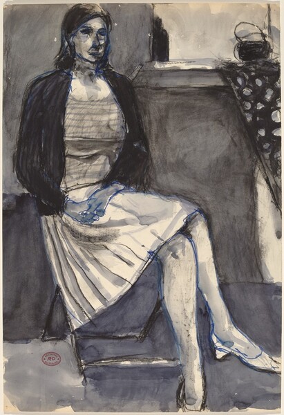 Untitled [seated woman in pleated skirt]