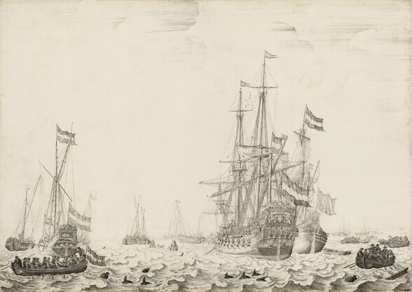 Created with fine black lines of paint and ink against a white background on this horizontal wood panel, this seascape showing several large ships and dozens of rowboats looks like a black and white print at first glance. The horizon line where the choppy water meets the nearly cloudless sky comes about a quarter of the way up the composition. The ship closest to us is angled into the distance to the right of center, and its masts reach three-quarters of the way up the panel. Another large ship has nearly pulled alongside it to our right, and a third ship appears near the left edge. Canons poke out of open flaps along the sides of the ships, and most of the sails are furled. More than a dozen smaller masted ships and rowboats are spaced around and behind these larger vessels, extending into the deep distance. Flags and pennants with three horizontal stripes hang from many of the ships. Closest to us, dark dolphin fins cut through rippling waves, and a few rounded jugs float in the water. People stand along a shoreline in the distance to our right, where two horse-drawn carriages wade between the beach and rowboats. The artist’s name is written on a wooden panel floating in the water near the lower right corner, “W.V. Velde.”