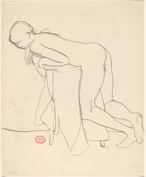 Untitled [female nude leaning over a draped stool]