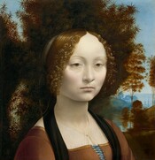 This square portrait shows the head and shoulders of a young woman in front of a spiky bush that fills much of the background except for a landscape view that extends into the deep distance to our right. Her body is angled to our right but her face turns to us. She has chalk-white, smooth skin with heavily lidded, light brown eyes, and her pale pink lips are closed. Pale blush highlights her cheeks and she seems to look either at us or very slightly away from our eyes. Her brown hair is parted down the middle and pulled back, but tight, lively curls frame her face. Her hair turns gold where the light shines on it. She wears a brown dress, trimmed along the square neckline with gold. The front of the bodice is tied with a blue ribbon, and the lacing holes are also edged with gold. A sheer white veil covers her chest and is pinned at the center with a small gold ball. Areas of watery blue sky poke through the dark brown and army green spiky that branches fill much of the background around her head and along the left edge of the panel. A river winds into the distance towards trees and rolling hills in the distant landscape to the right. The landscape becomes more blue as it recedes.