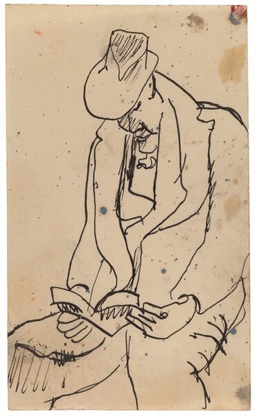 Seated Man in Overcoat and Hat Reading Book in Lap