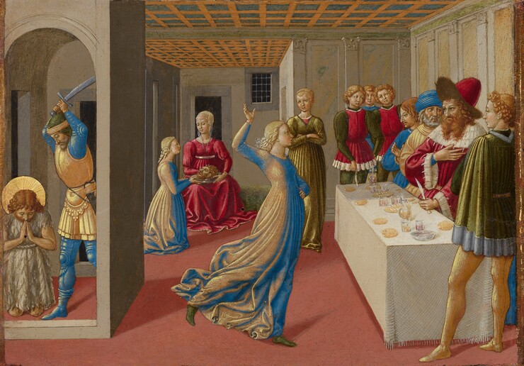 A woman with blond hair dances in the center of a room with a group of people clustered around a banqueting table to our right with a small, enclosed space occupied by a kneeling man and executioner to our left in this horizontal painting. All the people have pale skin. The ceiling is made up of blue squares encased in a gold grid that recedes to the back, stone wall of the room. The woman’s dress is made of fabric that looks vivid royal blue or butter yellow, depending on how the light hits it. Facing our right in profile as she dances, she steps forward onto her left foot, raises her right foot behind her, and holds her right arm aloft. Four men wearing crimson-red, pine-green, yellow, or bright blue robes or tunics and stockings stand behind the long table set along the wall to our right. A bearded man at the center of the table wears a red hat and fur-lined red robe. He touches his right hand to his chest and holds a knife on the table in his other hand as he looks at the dancing woman. Glasses, dishes, and bowls are arrayed along the table, which is draped with a white tablecloth. A trio of blond, curly-haired, cleanshaven men and a woman with her arms crossed across her chest stand at the far, narrow end of the table, on the other side of the room. Within an alcove at the back of the room, the dancer appears again, kneeling before a seated woman wearing a ruby-red dress. The dancer holds or gestures toward a silver plate holding the severed head of a bearded man with brown hair that rests in the seated woman’s lap. The left third of the painting is taken up with an enclosure, a tiny room set like a tall, stone box within the larger room. Through an arched opening, a haloed man wearing an ivory-white, fur garment kneels facing us, his head bowed over his hands in prayer. He is the same man as the one beheaded and presented on the plate in the background. A man wearing yellow and blue armor raises a sword over his head, preparing to behead the kneeling man.
