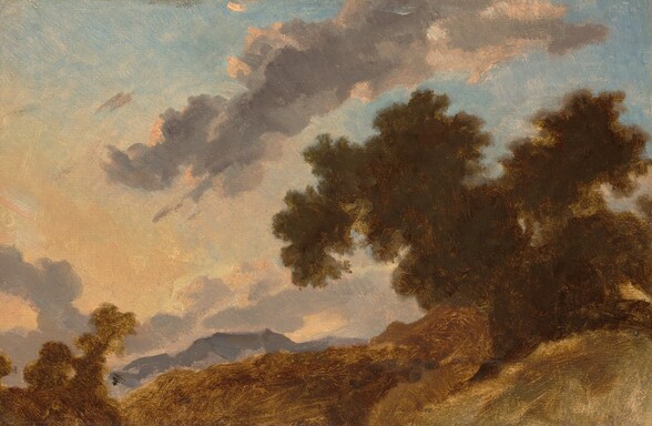 The dark, forest-green canopies of trees to our right are silhouetted against a sky that warms from pale blue along the top edge of the composition to butter yellow along the horizon, which comes about a quarter of the way up this horizontal landscape painting. The scene is loosely painted so many details are vague and difficult to make out. Closest to us, a diagonal band of caramel brown leading from the lower left corner back to the dark green could be the thick trunk of a felled tree, indicating that we look along the trunk into the massive canopy of an old tree, or the light brown could loosely suggest a forest. The horizon beyond is lined with a band of smoky purple, which could be a mountain range in the deep distance. Pale plum-purple clouds edged with shell pink angle from the horizon to the upper right corner against the golden sky.