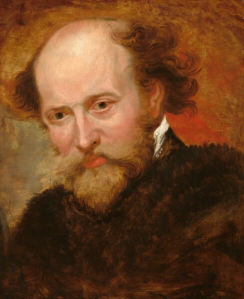 The head and chest of a man with pale pink skin, a honey-blond beard, and curly, mahogany-brown hair around a receding hairline fills this vertical portrait painting. His body and head are tipped to our left and he looks at or toward us with olive-green eyes. He has a long, pointed nose with lines around the nostrils leading down to his sweeping mustache. His soft beard below is trimmed to a point. His full, salmon-pink lips are closed. Faint sage green shades the inner corners of his eyes and the dips at his temples, beneath a shiny, balding head. His brown locks float around his face as if lifted by a breeze. His shoulders are enveloped by a chocolate-brown cloak, probably fur, and a swipe of vivid white paint at the back of his neck suggests a high, white collar. The background is mottled with rust-red, copper, and gold. The portrait is loosely painted in some areas, especially the fur cloak and background.