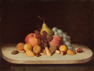 Several pieces of fruit, a bunch of green grapes, a stem of raisins, and several types of nuts in their shells are piled on a putty-brown tabletop or ledge with rounded corners against a dark background in this horizontal still life painting. The food is brightly lit from the front, and we look slightly down onto the table. There are two round red apples and two pieces of small yellow fruit, perhaps quinces, flanking a golden yellow pear at the back center. The bunch of grapes drapes over the fruit to our right and the raisins lie between the apples. Thirteen walnuts, peanuts, almonds, hazelnuts, and perhaps a brazil nut are scattered in a loose band in front of the fruit. The surface on which the still life sits becomes swallowed in shadow behind the fruit, and blends into the dark brown background. The artist signed and dated the work in dark paint in the lower right corner, almost lost in shadow under the ledge: “R.S. Duncanson 1848.”
