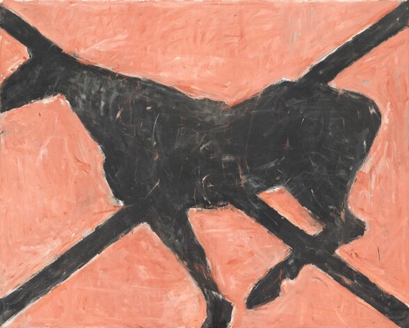 A black silhouette of what appears to be a horse is centrally placed against a salmon-pink background in this horizontal painting. Facing our left in profile, the horse’s nose is cropped by the boundary of the painting. One rear leg is bent, and one front leg is straight. The other two legs, the tail, and mane are not represented. Two black diagonal perpendicular lines cross the painting, beginning and ending in the four corners to create an X. The lines converge with the silhouette of the horse. Irregular brush strokes are visible throughout.