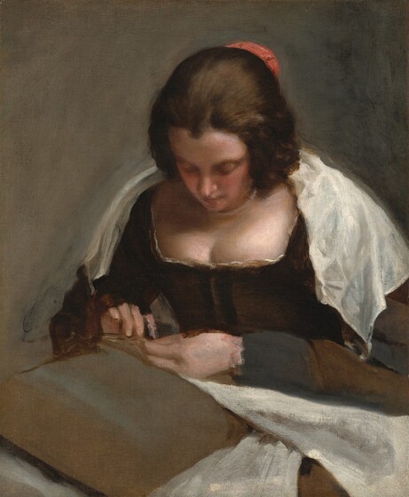Shown from the waist up, a woman with pale skin and brown hair, wearing a dark corset and white fabric over her shoulders, looks down at needlework in her hands in this vertical portrait painting. Her cheeks are rosy and her dark hair is pulled back, though it seems looser down the sides of her face. A small, coral-red, crescent shape at the back of her head could be covering her hair or holding it in place. White, nearly translucent fabric lies loosely across her shoulders over a dark, moss-brown, long-sleeved dress. Her breasts swell over the squared, lace-trimmed neckline. She holds white fabric and perhaps a needle in her hands, which rest on a tan cushion on her lap. The scene is loosely painted throughout so some of the details are difficult to make out. A darker spot along her right index finger could be a thimble. The background is the same olive-tan of the cushion.