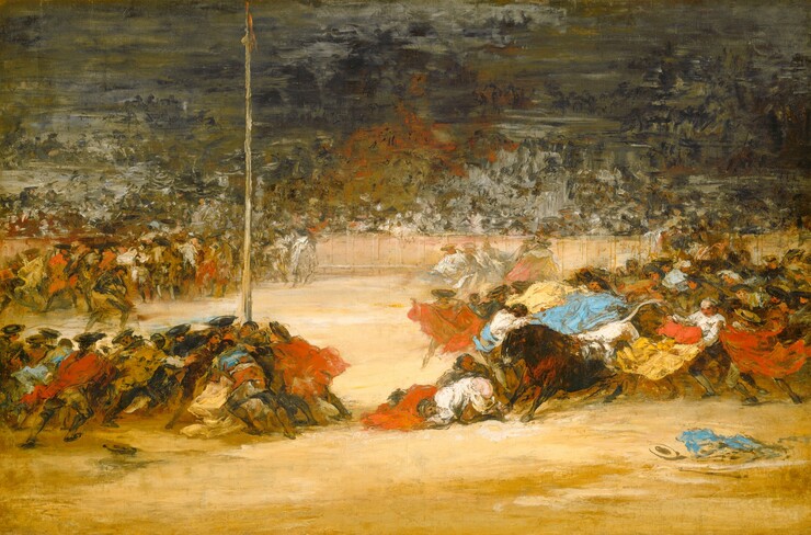 Two crowds made up of dozens of men each clash on the dirt floor of an outdoor arena in this horizontal painting. The scene is loosely painted and most details are indistinct. Many of the men wear black caps and have peach or brown-colored faces. The group to our left surges near a flagpole. The group to our right eddies around a dark brown bull that stamps front feet firmly on the ground. Both groups are enlivened by swirls of buttercup yellow, scarlet red, powder blue, and bright white. One man wearing white crouches, bare bottomed, on the ground in front of the bull. More people gathered on the far side of the arena and beyond its walls pare painted with strokes and dabs of pearl white, rust red, golden brown, dark gray, ochre yellow, and black.