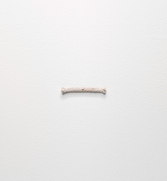 A short length of ivory-white, braided rope is nailed horizontally on a white wall in this square photograph. Pin-like nail heads are visible at the center, and at the left and right edges of the rope.