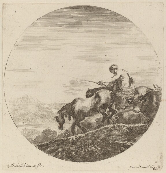 Shepherd on a Horse Driving a Herd of Various Animals