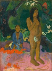A dark-skinned, nude woman with long black hair stands to our right in a fantastical tropical landscape in this vertically oriented painting. She touches her chin with the fingertips of her right hand while her left hand holds a white cloth over her groin. She stands on bright pink sand with yellow swirls. A person wearing a blue robe sits on a field of purple, perhaps more sand, in the background to our left. That person’s oval face is rimmed with black, perhaps denoting that this is a mask. A craggy tree trunk curves up and across the background and a red and green faced serpent floats near the upper right corner. 