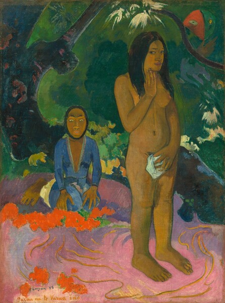 A nude woman with brown skin and long black hair stands to our right against a landscape swirling with jewel-toned greens, pinks, and purples while a man, also with brown skin, sits under a tree behind her in this stylized vertical painting. The woman's body is angled to our right, and she cuts her black eyes back to look off to our left. She touches her chin with the fingertips of her right hand, closer to us, while her left hand holds a white cloth over her groin. The ground beneath her is swirled with bright pink, lilac purple, and some strokes of canary yellow. To our left and behind the woman, the man wears a topaz-blue robe, and he kneels with his hands on his knees. A band of vivid orange and kelly green in front of his knees could be abstracted flowers. His oval face is rimmed with a band of black. He has a wide nose, and his pink lips are parted to reveal his teeth. His eyes are wide open as he looks down under black brows. A craggy, dark teal-blue tree trunk curves up and across the background, and a red and green faced serpent floats near the upper right corner. The artist signed, dated, and inscribed the title in the lower left corner, P Gauguin 92 Parau na te Varua ino.