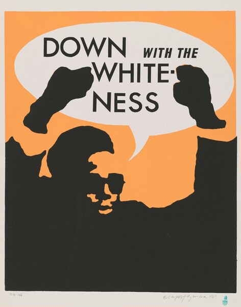 Like a stencil, the black silhouette of a man with arms raised is printed against a pale orange background with a white speech bubble overhead. Seen from the chest up, the bearded man wears sunglasses and stands with both fists raised, his chest and arms along the bottom edge of the composition. The all-capital, black text in the speech bubble reads, “DOWN WITH THE WHITENESS.” The paper has a white margin all around in the artist signed and dated the work with graphite in the lower right corner: “Rupert García 1969.” And in the lower left, also in graphite: “ED 105.”