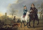 An elegantly dressed man and woman ride horses that seem to walk toward us and to our right in a landscape with low, rolling hills, stone buildings, and trees in this horizontal painting. The two horses and riders take up the right half of the composition. Both people have pale skin and look at us. The woman has a high forehead, a straight nose, a round face, and curly blond hair falling to her shoulders. She wears a sapphire blue dress with ornamentally slashed sleeves to reveal a white garment below. Her hat is adorned with blue and white feathers and she wears a string of pearls around her neck. The legs of her white horse darken to black below the knees, and the bridle is tied with blue bows near the horse’s ears. The sidesaddle sits on a woven, rug-like blanket. Next to her, to our right, the man rides a larger chestnut-brown horse with a white triangle between its eyes. The man looks at us out of the corners of his dark eyes under gathered brows. He has a long, straight nose and is cleanshaven, though a hint of a five o’clock shadow slightly darkens his cleft chin. His light brown hair falls in curls down past his shoulders and he wears a dark brown coat with voluminous white fabric rippling out above tan-colored gloves. He holds a riding crop in his right hand, on our left, resting against his hip. Near the white horse’s feet, to our left, a dark brown dog with a white nose sniffs at a plant. Behind it, another reddish-brown dog sniffs the ground near the horse’s back hoof. A third dog stands beyond, partially obscured by bushes and plants growing in the lower left corner of the canvas. A man wearing a tall black, wide-brimmed hat and carrying a long staff leads two slender dogs resembling greyhounds on leashes along the path, a little behind the riders. Two more elegantly dressed men ride horses toward us father back on the path. Sand-colored stone buildings, hazy in the distance, are clustered around a squared tower, possibly a bell tower, to our left. The land dips gently to the horizon line in the deep distance. The riders are silhouetted against a swirling slate-blue cloud that fills most of the sky in the top two-thirds of the painting. The sky clears to pale blue to our left and then warms to golden yellow along the horizon, beyond the buildings. The artist signed the painting near the lower left corner: “A. Cuijp.”