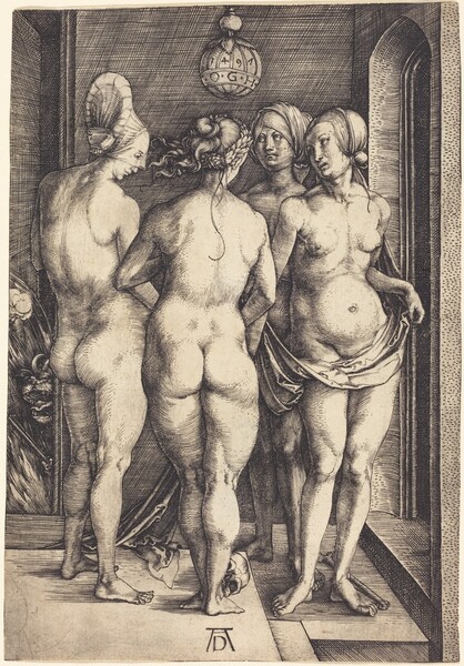 Printed with fine black lines against cream-white paper, four nude, curvy women stand in a loose circle enclosed within an interior space, as a demon peeks around an opening along the left edge of this vertical engraving. The women nearly fill the composition and the room they occupy. Three of the women stand in a line in front of us so they span the foreground. The women to the left and center stand with their backs to us. The woman to our right and the woman on the far side of the circle face us. Their hair is bound up in headdresses, scarves, or veils. The woman to our right holds a swath of drapery across her hips and it cascades to the floor near a skull and long bone resting at their feet. An arched opening to the right and a squared opening to the left are both dark. An orb hangs above the group at the upper center, and it is inscribed with the letters “OGH” and the date, 1497. The demon peeking from the shadows along the left edge has a snout like a lion, and its gaping jaws reveal sharp teeth and a long tongue. It clutches a pair of thin sticks in one paw and flames flare up behind it. The contours of the women and the room are shaded with long, parallel strokes and crosshatching. A monogram with a capital D tucked between the legs of a wide, upper case A is inscribed at the bottom center of the sheet.