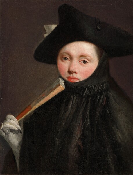 Shown from the chest up, a pale-skinned woman wears a black tricorn hat and a black cloak that covers her shoulders, chest, and much of her face in this vertical portrait painting. Her body is angled to our left, and she looks at us from the corners of her dark, almond-shaped eyes. The jet-black hat is set back slightly on her head but covers most of her forehead. A loop goes around a black button on the side to our right, and the corner of a parchment-white decoration, presumably a bow, peeks up from the far side of the hat. Her pale face is like a moon, partially visible within the opening of the cloak that goes from her temples, down her cheeks, and covers her chin to just under her lower lip. The garment is gathered over her chin, and drapes down her chest. The fabric is painted black with green undertones. A glimpse of brown hair peeks out over her left temple, to our right. Her right, gloved hand, on our left, emerges from beneath the fabric to hold a closed fan by her chin. The glove is gossamer white. The sides of the fan's sticks are coral orange, and the fan is streaked with forest green and more orange against cream white across the top, where the fabric is accordioned. The space behind her is dark, pine green, a shade lighter than the woman’s dress.